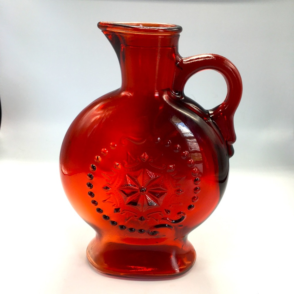 VTG Wheaton MCM Ruby Red Raised Star Pitcher Decanter. Approx 8x6”